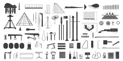 Theme: Architecture and Construction, Icon Set, Shapes, Objects, Black and White, on White Background, Abstract Image, Texture, Pattern Background, Wallpaper, Cover and Screen of Smartphone, PC, Lapto