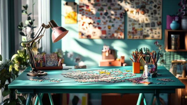 Creative workspace with a colorful puzzle and art supplies, perfect for relaxation and inspiration in a bright room.