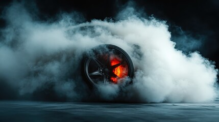 A dramatic image of a wheel spinning forcefully, embraced by intense, thick smoke, emphasizing power and the raw excitement of motorsport culture.