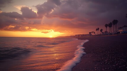 Breathtaking sunset over the ocean with gentle waves and palm trees along the shore