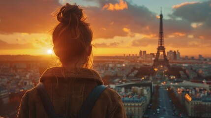 Woman on Terrace Overlooking Eiffel Tower at Sunrise