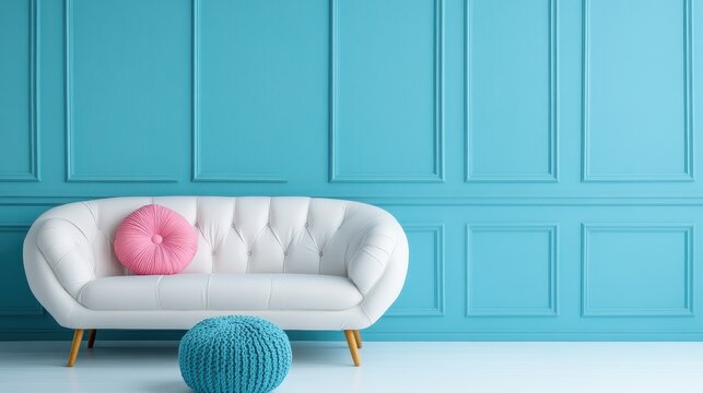 A stylish white sofa with a vibrant pink pillow set against a bright blue accent wall and a knitted blue pouffe on the floor creating a lively atmosphere.