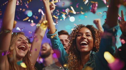 Obraz premium Joyful Crowd Celebrating with Confetti at Night Event