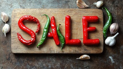 Colorful chilies arranged to form sale announcement on wooden board for market display