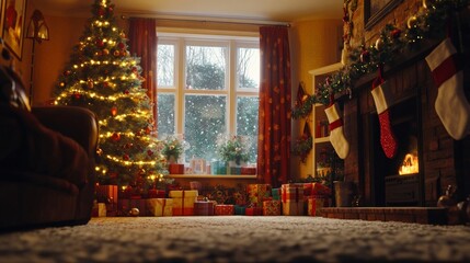 Fototapeta premium cozy holiday living room with a decorated tree and glowing fireplace