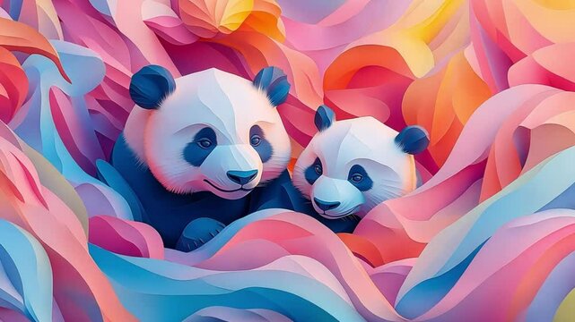 Two adorable panda bears are nestled together amidst colorful, abstract shapes.