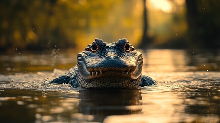Obraz premium Alligator Gliding Through River Shallows at Sunset