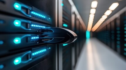 A sleek, modern data center showcases rows of servers with glowing blue LED lights, representing advanced technology, storage solutions, and digital infrastructure.