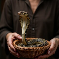 Traditional Snake Charming Performance, Cobra Emerging from Basket, Cultural Ritual Moment with Copy Space 