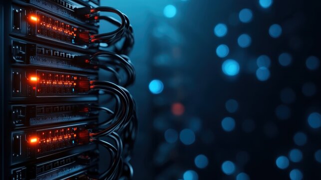 Side view of high-tech servers in a data center with glowing orange cables, capturing the essence of technological advancement, connectivity, and energy flow.