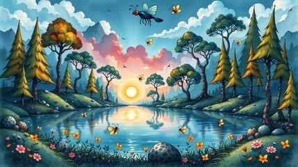 Whimsical forest scene with vibrant watercolors and delicate hand-drawn details of fireflies dancing around a serene lake at dusk