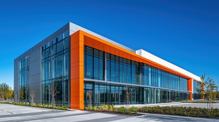 Fototapeta premium Modern Office Building with Glass Facade and Orange Accent in Urban Business District