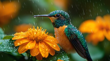 Fototapeta premium Hummingbird Perched on Flower in Rain