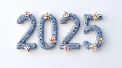 High-detail denim “2025” with sewn flower ornaments in 3D