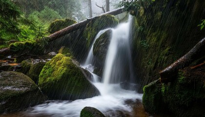 Fototapeta premium a small waterfall in a rainy forest