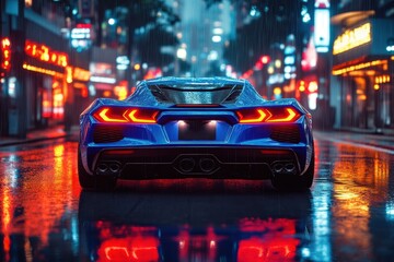 A sleek blue sports car parked on a rainy street, illuminated by vibrant city lights.