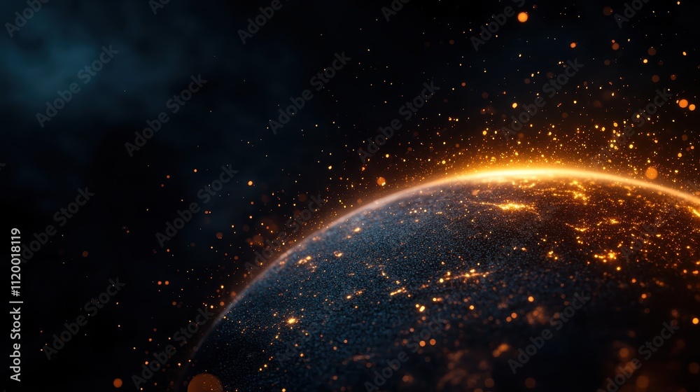 Wall mural this image showcases a cosmic scene of a planet surrounded by glowing particles, creating a mesmeriz