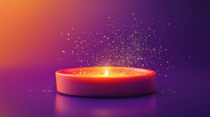 Glowing orange candle emits warm light, surrounded by sparkling particles, creating magical atmosphere. vibrant colors enhance serene ambiance