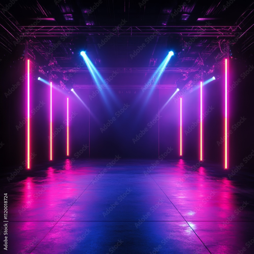 Leinwandbilder Empty dark abstract background. Background of an empty show scene. Glow of neon lights on an empty stage.