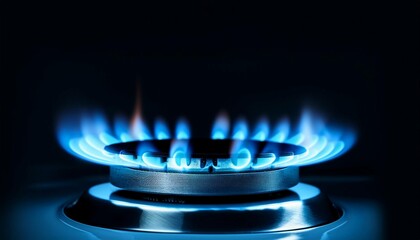 burning gas stove hob blue flames close up in the dark on a black background