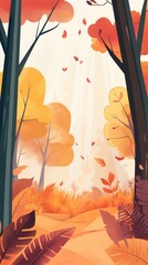 Autumnal Forest Scene With Falling Leaves And Sunlight