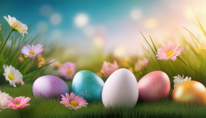 easter eggs in grass and flowers background