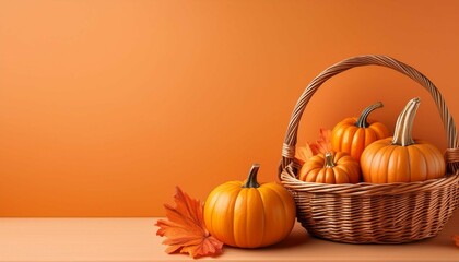 basket with pumpkins on orange background with copy space flat design template for thanksgiving