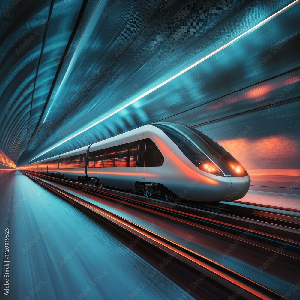 Poster fast modern express passenger train no high speed railway in hyperloop moving from flash light. futu