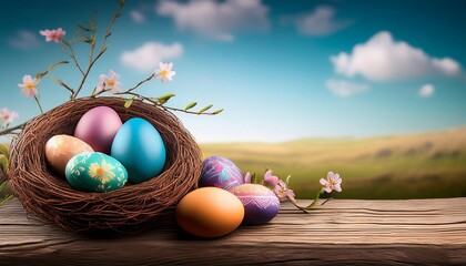 nest of decorated eggs on wood easter background