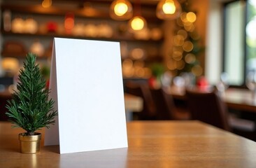 vertical white menu board with space for text stands on a wooden table, next to a small Christmas tree, on a blurred background of a restaurant or cafe