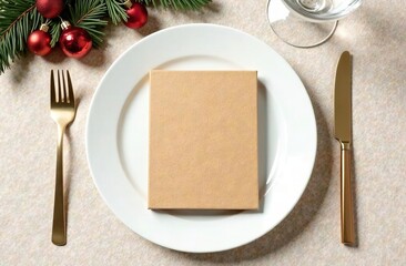 Mock up craft brown card with a place for menu text lies on a white plate, cutlery and a glass lie nearby, the table is decorated with fir branches and red and gold  balls, on a beige background