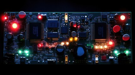 A close-up view of a circuit board with glowing lights and electronic components.