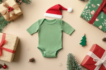Dark green Baby onesie, Santa hat on beige Winter Holiday Festive Background. Fashion newborn clothes. Flat lay top view. Baby kids soft organic cotton clothing. Infant trendy bodysuit. Gender neutral
