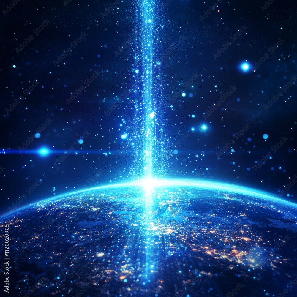 Poster tech vector. blue abstract futuristic background. sunrise. satellites and rockets in orbit of planet
