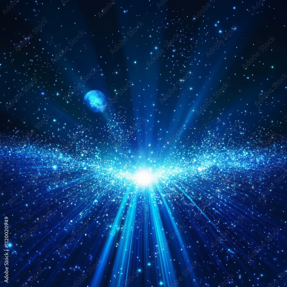 Poster tech vector. blue abstract futuristic background. sunrise. satellites and rockets in orbit of planet