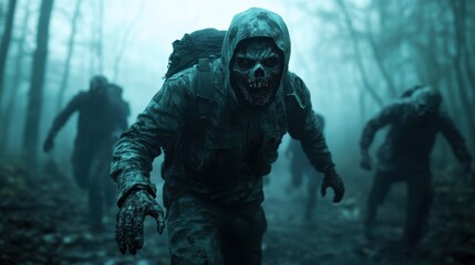 Fototapeta premium Eerie horror figures clad in ragged clothes advance through an ominous dark woodland mist, creating a spine-chilling scene of suspense and danger looming ahead.