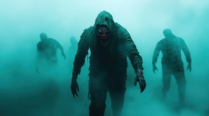 A group of zombies clad in tattered clothing advance ominously through a thick fog, creating a tense and foreboding atmosphere in their eerie surroundings.