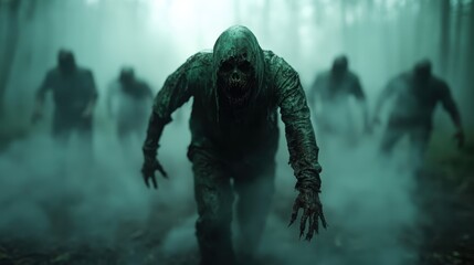 An eerie zombie figure, clad in a shredded hoodie, reaches forward menacingly through a dense mist, creating an atmosphere filled with suspense and horror.