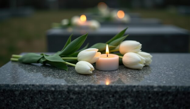 Memory candle with white tulips on a grave in a somber atmosphere during twilight