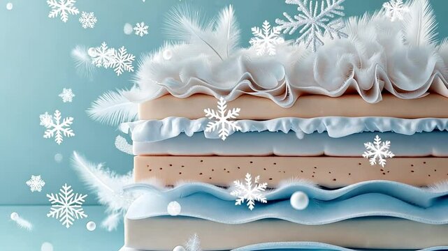 Closeup of layers of a mattress with white feathers and snowflakes.