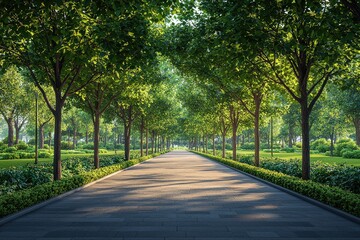 Fototapeta premium natural transpiration leaves growth Lush tree-lined path in a serene park setting.