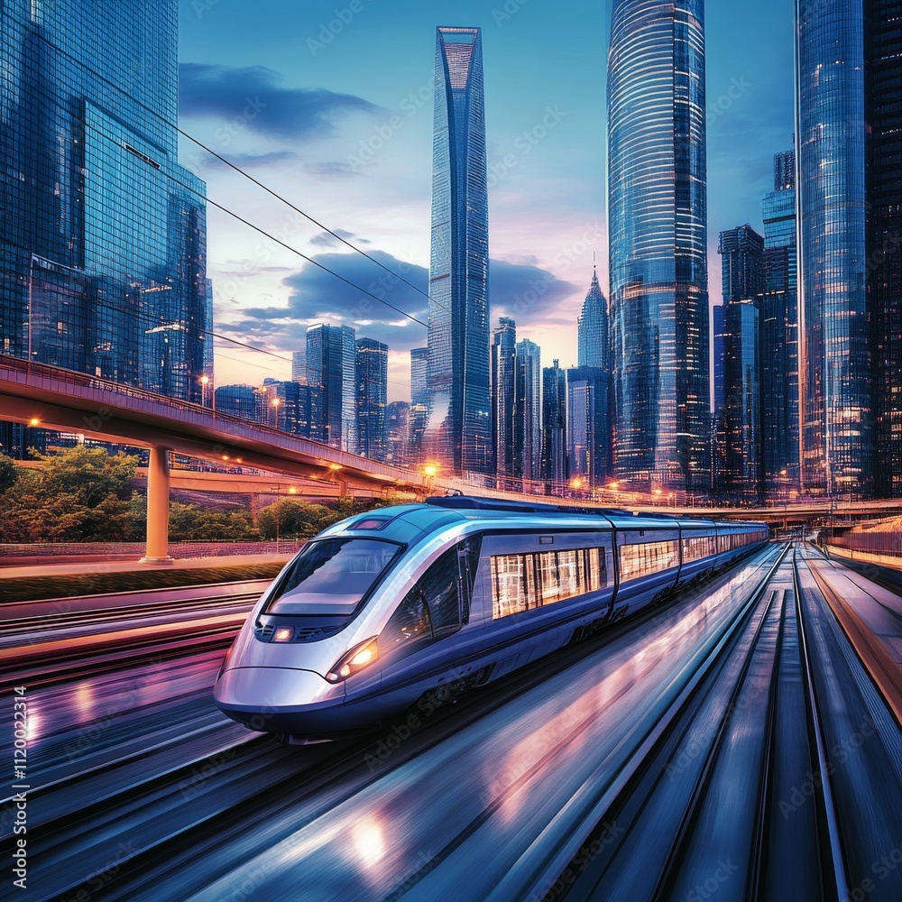 Poster Fast express passenger train on high speed intercity railway moving from city. Future digital urban infrastructure. Modern town cityscape. 3d abstract infrastructure concept
