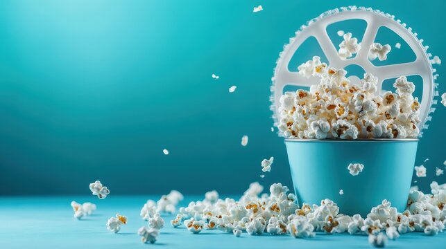 This vibrant image features an overflowing bowl of popcorn accompanied by a film reel, set against a blue backdrop, capturing the essence of cinema and snacks.