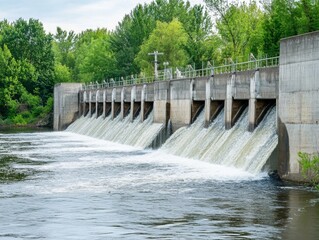 Dam with Waterfall on the River. Hydroelectric dam during Spring runoff, full water. Water rushing out of opened gates of hydro electric power dam. Concrete foothill and wall. Renewable energy systems
