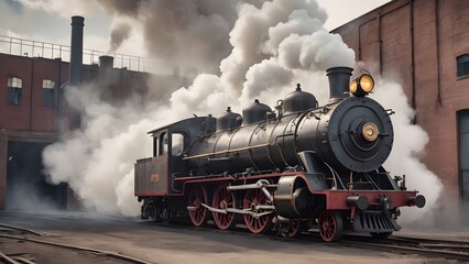 Naklejka premium Classic Steam Engine Train on Railroad Tracks with Industrial Background