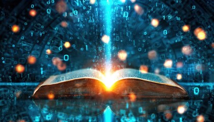 An open book with glowing light emanating from its pages, surrounded by a futuristic digital atmosphere, power of knowledge