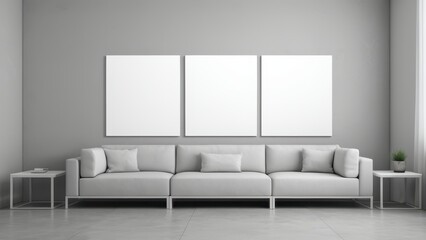 Blank split art panels arranged on a grey wall, paired with a stylish sofa and decor.