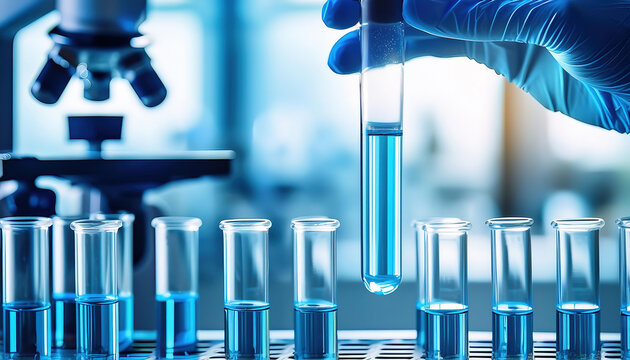 Lab worker handling test tubes filled with blue liquid in a laboratory with advanced equipment