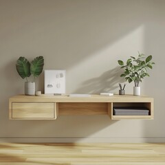 Minimalist Wooden Shelf with Potted Plants and Decor Accents in Modern Home Interior