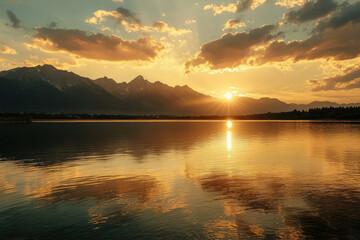 Obraz premium Golden Sunset Over Tranquil Lake